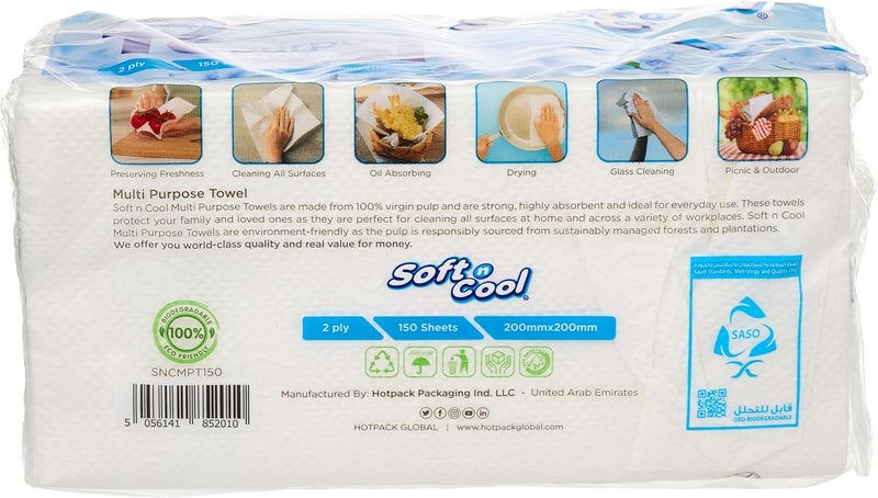 Soft N Cool Multi-Purpose Towels - 150 Sheets, 2-Ply Disposable Cleaning Wipes - Image 3